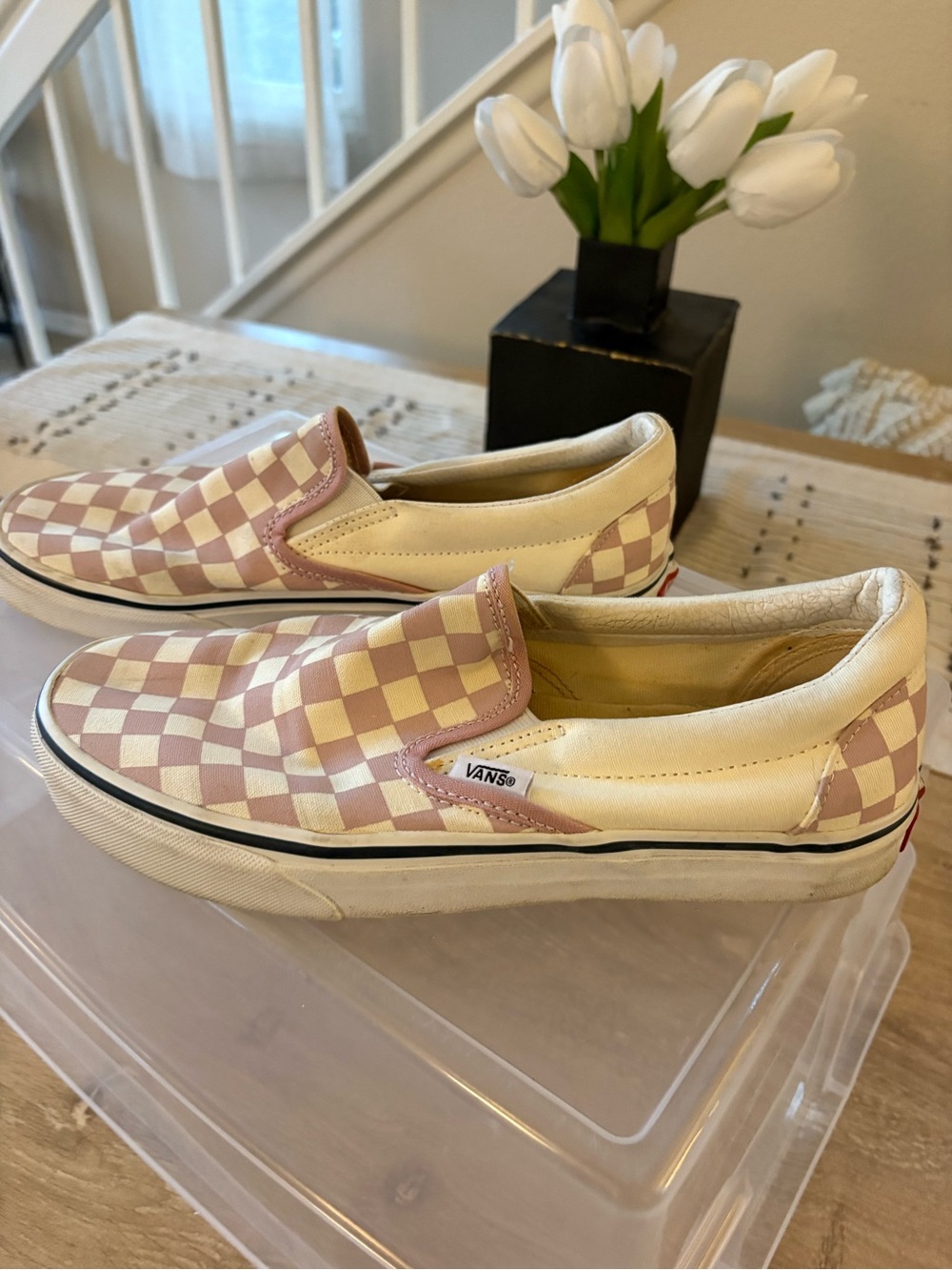 Vans Pink & Cream Checkerboard Slip-On Sneakers